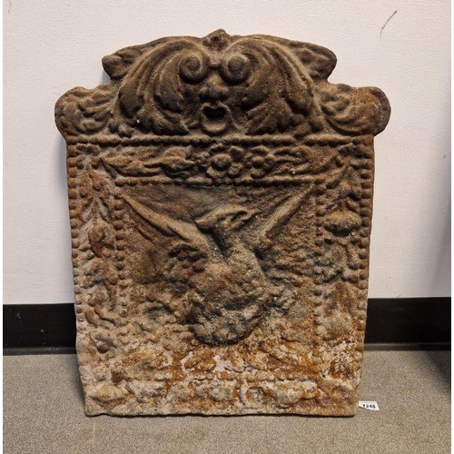 1248 - Antique cast iron fire back depicting phoenix rising from flames, 59cm x 47cm