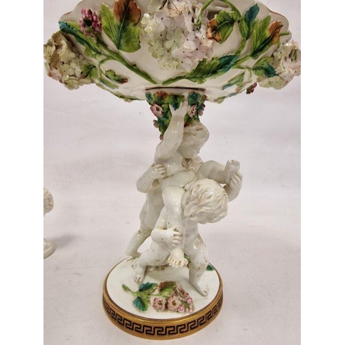 14A - 19th century Staffordshire porcelain comport with three putti supporting, all floral encrusted and w... 