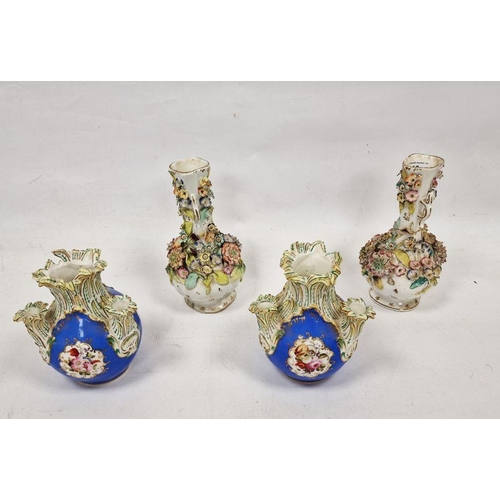 16 - Pair 19th century porcelain bottle vases, all-over floral encrusted, 22.5cm high and a pair of blue-... 