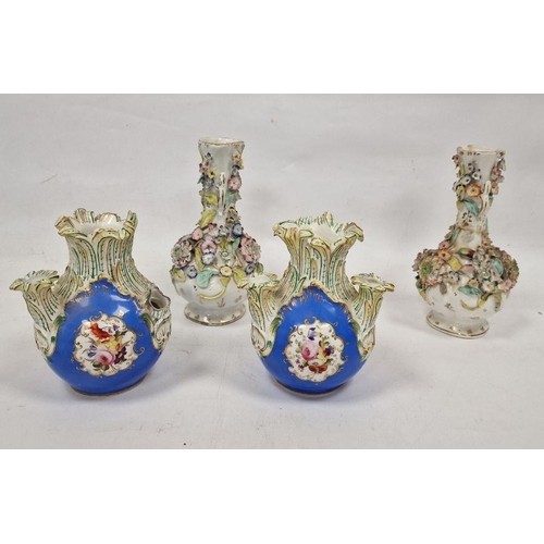 16 - Pair 19th century porcelain bottle vases, all-over floral encrusted, 22.5cm high and a pair of blue-... 