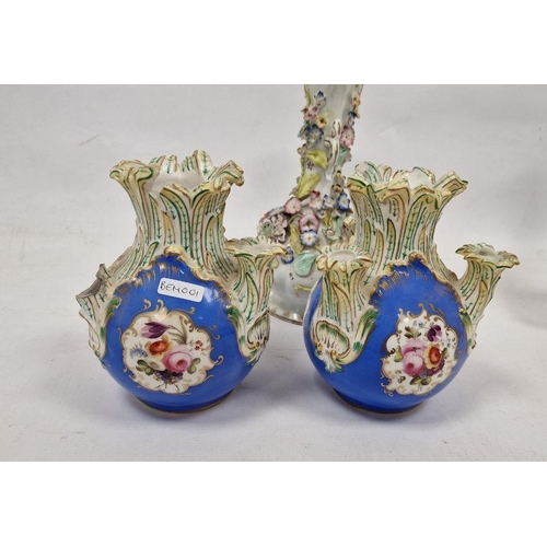 16 - Pair 19th century porcelain bottle vases, all-over floral encrusted, 22.5cm high and a pair of blue-... 