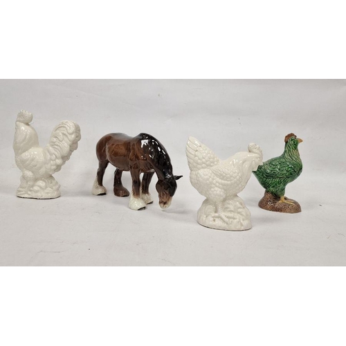 17 - Beswick pottery cart horse, a Chinese green glazed pottery rooster and two model chickens (4)