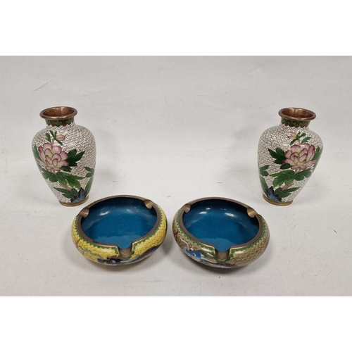 173 - Pair Chinese cloisonne enamel vases, each shouldered ovoid, peony decorated, 13cm high and a pair of... 