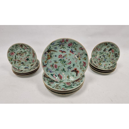 178 - Set of five large and eight smaller Chinese Canton porcelain plates, enamelled with birds and flower... 