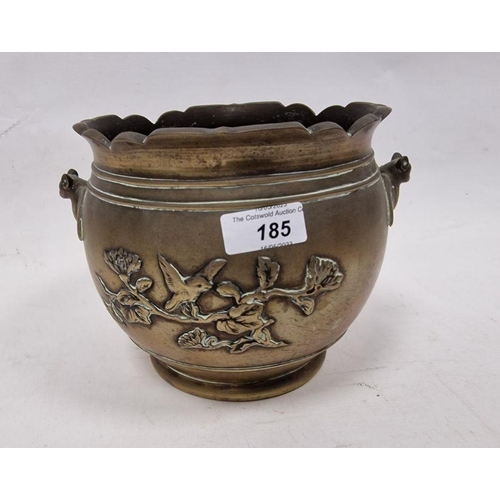 185 - Japanese bronze jardiniere, bulbous and embossed bird on branch, 18cm diameter