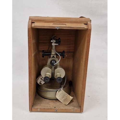 191 - Pryor London binocular long arm microscope x 20, no.72300, on circular base, in pine carrying case