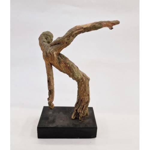 195 - Margaret Bailokoz Smith driftwood sculpture figure with papier-mâché of twisting moving figure, on s... 