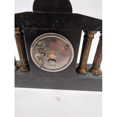 205 - Small late 19th/early 20th century slate mantle clock, the circular dial having Arabic numerals hour... 