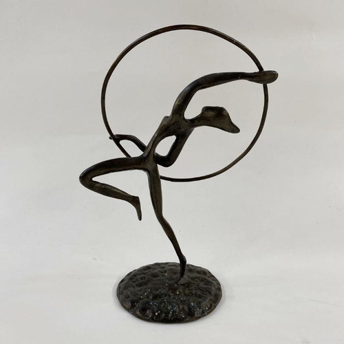 208 - Art Deco style bronze dancing figure with hoop, on circular base, unsigned, 20.5cm high approx.