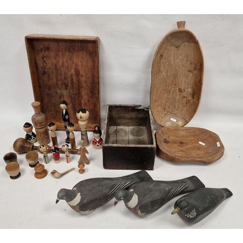 210 - Two wooden open boxes, three painted wooden pigeon models, a rustic wooden two-handled bowl and othe... 