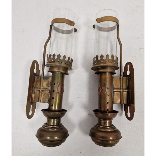 Pair brass GWR candle brackets with glass chimneys (2)