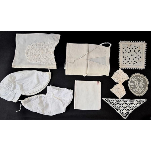 226 - Various vintage lace pieces and trimmings, white collars, linen bags, muslin embroidered doll's clot... 