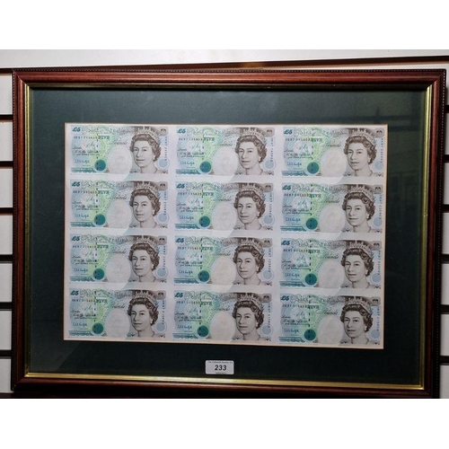 233 - Framed Ten Million Turkish banknote and a 12-in-1 HK97 £5 uncut sheet to commemorate the handover of... 