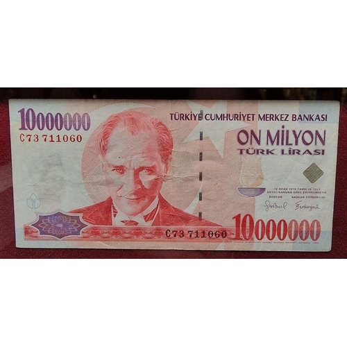 233 - Framed Ten Million Turkish banknote and a 12-in-1 HK97 £5 uncut sheet to commemorate the handover of... 