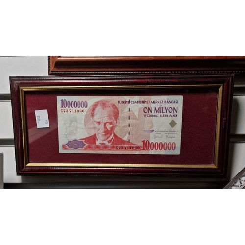 233 - Framed Ten Million Turkish banknote and a 12-in-1 HK97 £5 uncut sheet to commemorate the handover of... 