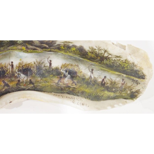 244 - Pair of late 19th century Australian painted shells depicting aboriginal scenes, figures making camp... 