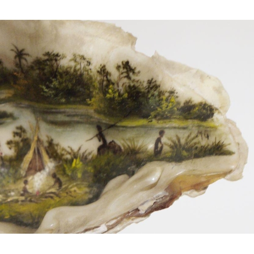 244 - Pair of late 19th century Australian painted shells depicting aboriginal scenes, figures making camp... 