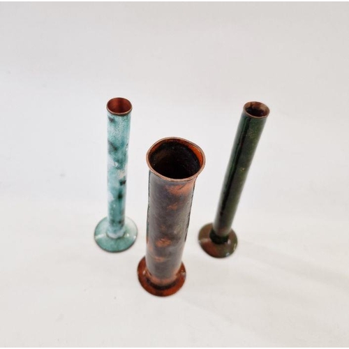 246 - Three 20th century copper and enamel cylindrical vases, orange, green and turquoise, unmarked, 14cm ... 