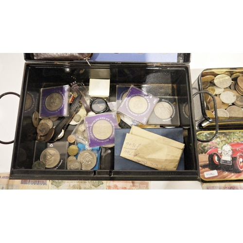 258 - Quantity of principally GB coins (1 box), a metal deed box containing sundry coins including commemo... 