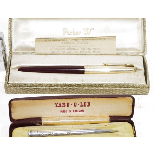 260 - Yardolette white metal propelling pencil, Parker '51' fountain pen in case, another with 14k gold ni... 