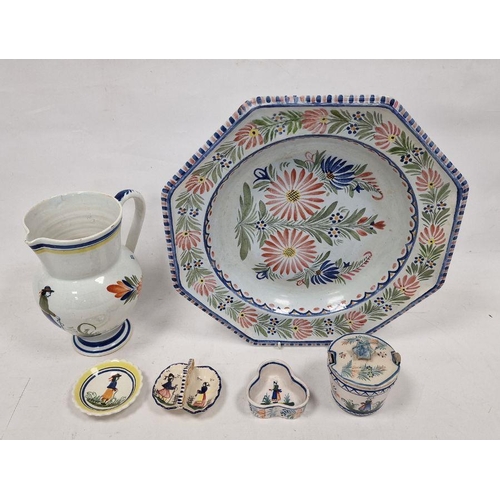 27 - Small collection of Quimper and similar glazed pottery, figure decoration, to include large jug, but... 