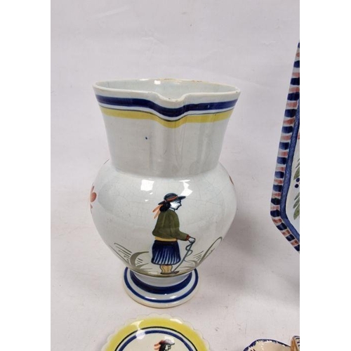 27 - Small collection of Quimper and similar glazed pottery, figure decoration, to include large jug, but... 