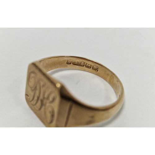 295 - Gentleman's 9ct gold signet ring, UK ring size Q, 4.4g, together with a section of a yellow metal ba... 