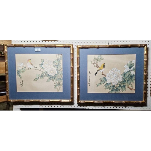 335 - Pair of Japanese prints of a bird on branch heightened with bodycolour, framed and glazed, 23.5cm x ... 