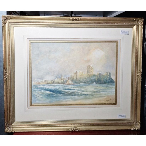 340 - W Glynn Heard (20th century)
 Watercolour
 View of Pembroke Castle overlooking choppy sea, signed lo... 