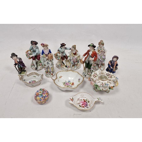 35 - Seven continental porcelain figures to include Sitzendorf, two Dresden trinket dishes (one damaged),... 