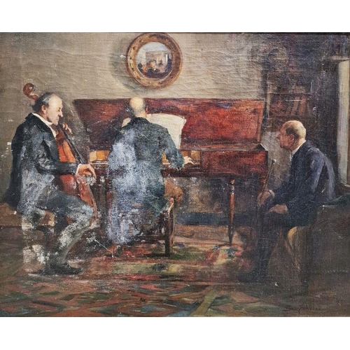 366 - Sam E. Delison (19th/20th century school)
 Oil on canvas
 Musicians practising in a room, signed and... 