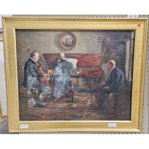 366 - Sam E. Delison (19th/20th century school)
 Oil on canvas
 Musicians practising in a room, signed and... 