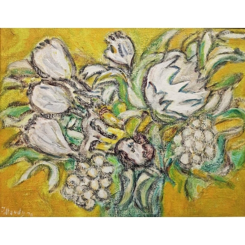 368 - J. Handy?? (20th century school)
 Acrylic on board
 Still life of flowers in a vase, indistinctly si... 