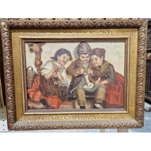 371 - Dutch School 
  Oil on canvas
 Children darning
 Unsigned 
 27.5cm x 39.5cm