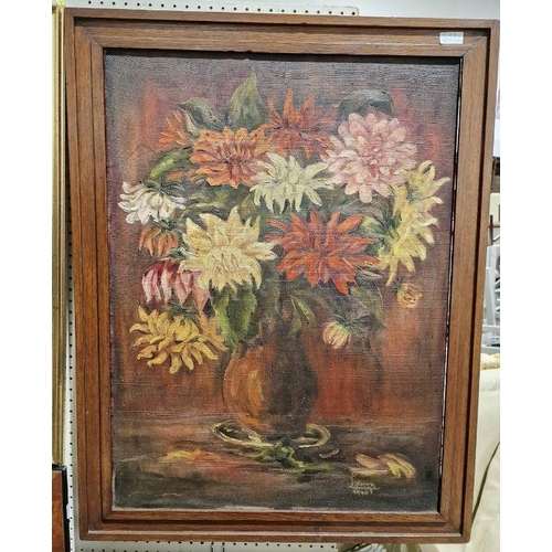 373 - Heinz Lan... (20th century school)
 Oil on canvas
 Still life of chrysanthemums in a vase, indistinc... 