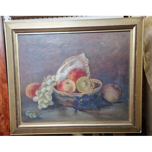 374 - Unattributed
  Oil on canvas
 Still life of apples in a basket and grapes, unsigned, framed and glaz... 