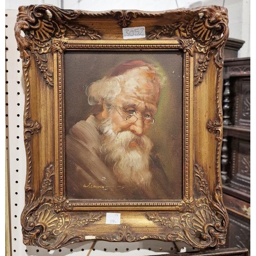 377 - W. Langdon (20th century)
 Oil on canvas
 Portrait of a bearded old man with spectacles and red cap,... 