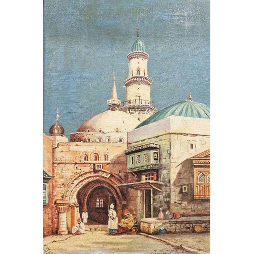 378 - A.M.R (20th century school)
 Oil on canvas
 Middle Eastern street scene with mosque and figures, pos... 