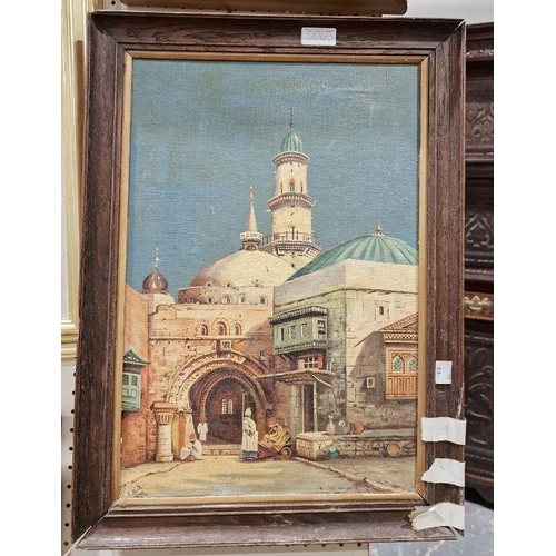 378 - A.M.R (20th century school)
 Oil on canvas
 Middle Eastern street scene with mosque and figures, pos... 