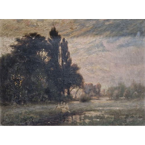 382 - Sidney Pike (1858-1923)
 Oil on panel
 Landscape at dusk with geese, signed lower left, framed, 21.5... 