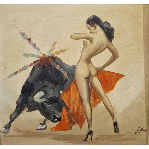 383 - J Vela 
 Oil on canvas 
 Nude female as a bullfighter, signed lower right, 49cm square