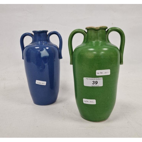 39 - Pair of Royal Doulton two-handled stoneware jugs, each double lipped and variously blue and green gl... 