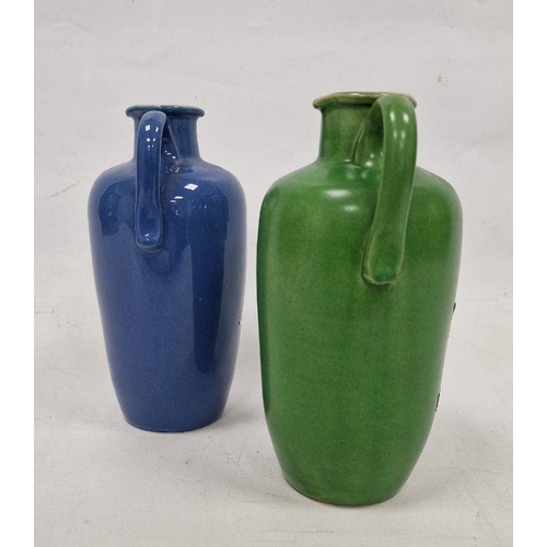 39 - Pair of Royal Doulton two-handled stoneware jugs, each double lipped and variously blue and green gl... 