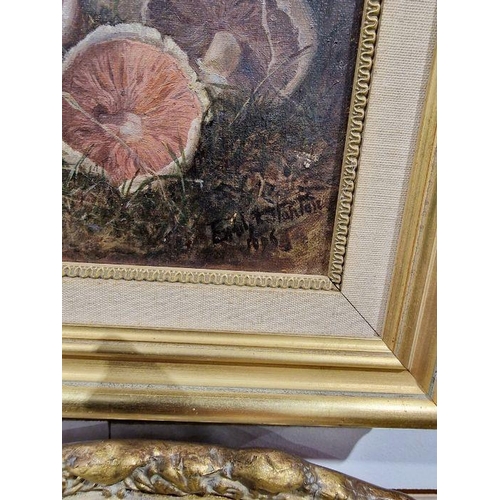 395 - Emily Rose Stanton (1838-1908)
 Oil on canvas
 'Study of mushrooms in foliage', signed and dated 190... 