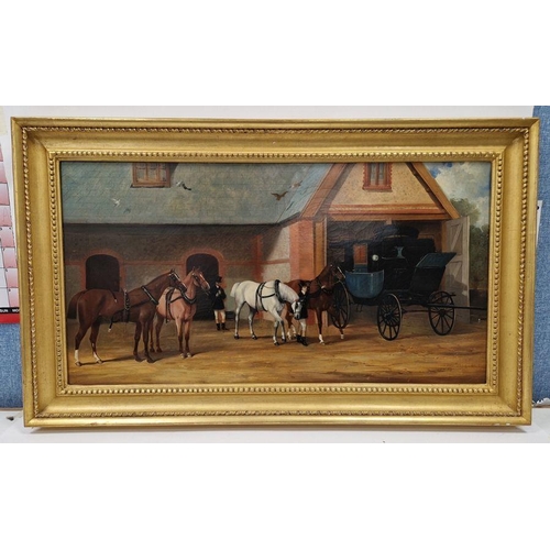 398 - Henry Barraud (1811-1874)
 Oil on canvas
 'The Coach House', with coachmen, coach and horses, signed... 