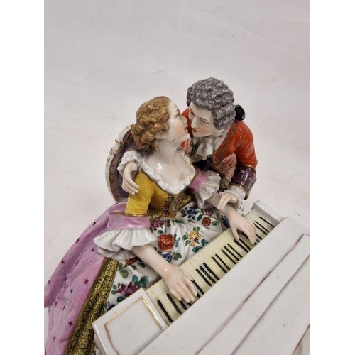 40 - Continental porcelain Meissen-style musical group of a pair of lovers with spinet, impressed arrow m... 