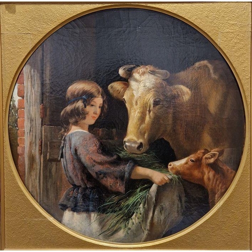 402 - Henry Barraud (1811-1874)
 Oil on canvas
 'Girl feeding cow and calf', signed lower left, circular, ... 