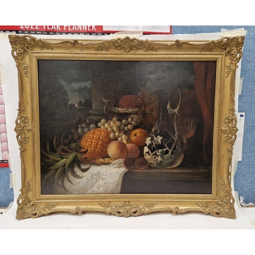 403 - In the style of George Lance
 Oil on canvas
 Still life of pineapple, fruit and ewer, with castle in... 