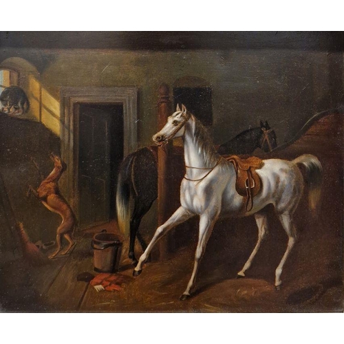 408 - 19th century school
 Oil on board
 Interior of stable with white horse alarmed by a dog chasing a ca... 