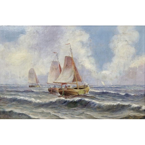 412 - P. Le Cort...? 
 Oil on panel
 Seascape with boats, signed lower right and dated 1910 or 1912, frame... 